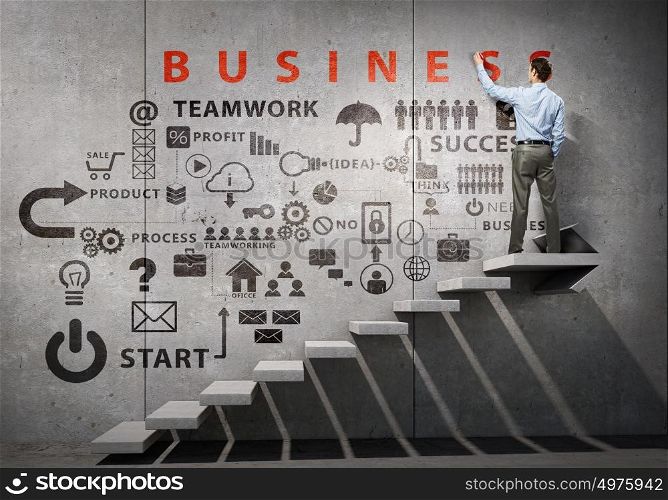 Businessman presenting his ideas. Businessman standing with back and drawing business strategy on wall