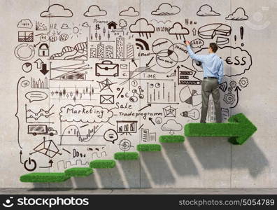 Businessman presenting his ideas. Businessman standing with back and drawing business strategy on wall