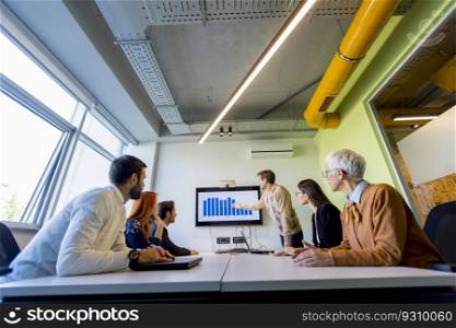 Businessman presenting project strategy showing ideas on interactive whiteboard in office