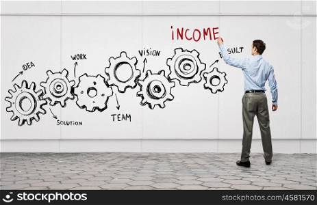 Businessman presenting teamwork concept. Businessman standing with back and drawing gear mechanism