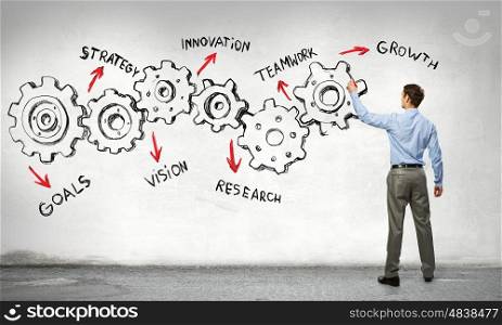 Businessman presenting teamwork concept. Businessman standing with back and drawing gear mechanism