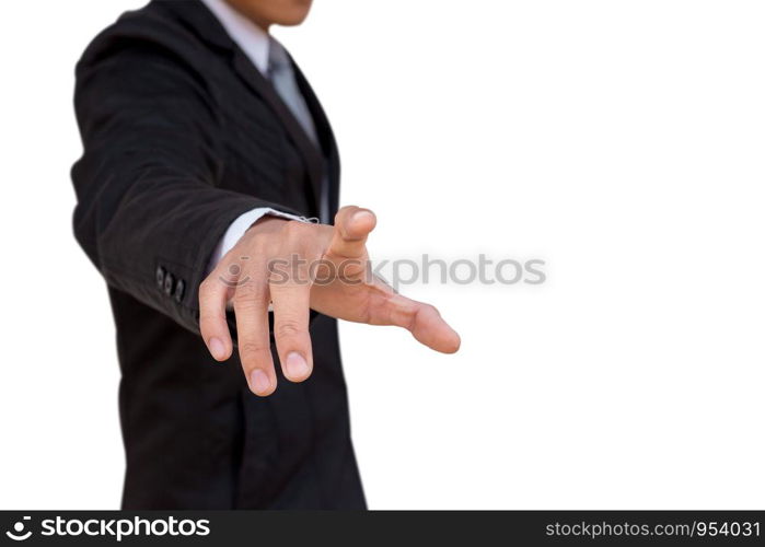 Businessman pressing screen on white background.