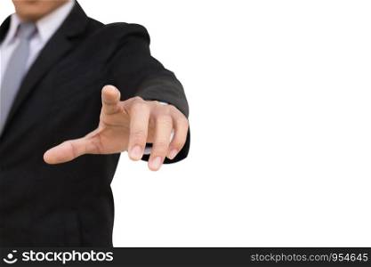 Businessman pressing screen on white background.
