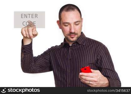 Businessman pressing the enter button on a touchscreen