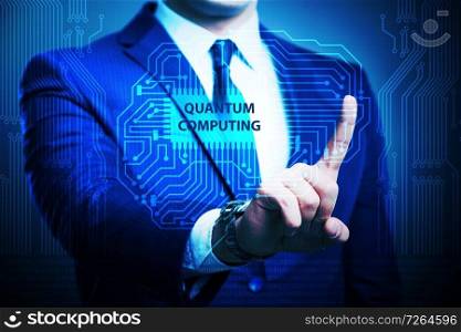 Businessman pressing virtual button in quantum computing concept. The businessman pressing virtual button in quantum computing concept