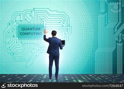 Businessman pressing virtual button in quantum computing concept