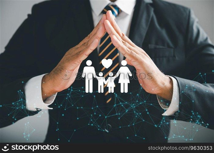 Businessman protective gesture underscores family safety, life, health, and house insurance icons. Insurance concept is effectively conveyed, along with family life insurance and policy concepts.