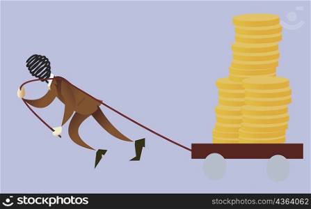 Businessman pulling a cart with gold coins