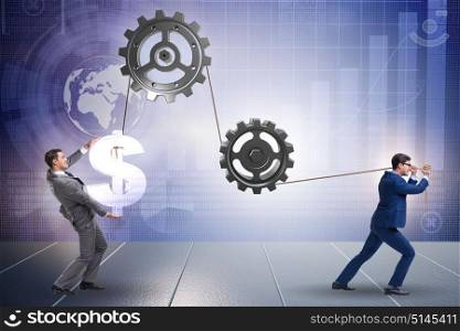 Businessman pulling mechanism and raising dollar