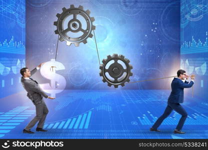 Businessman pulling mechanism and raising dollar