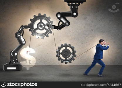 Businessman pulling mechanism and raising dollar