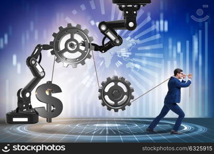 Businessman pulling mechanism and raising dollar