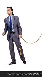 Businessman pulling rope on white