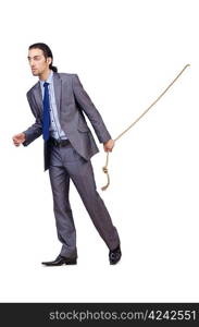 Businessman pulling rope on white