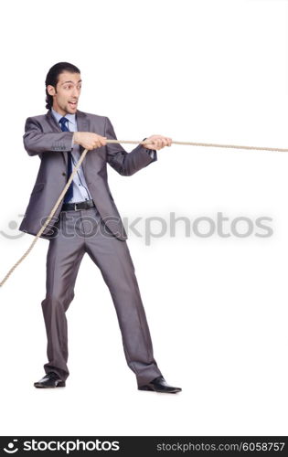 Businessman pulling rope on white