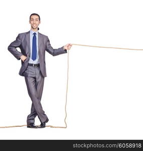 Businessman pulling rope on white