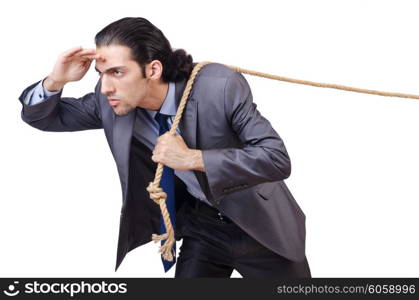 Businessman pulling rope on white