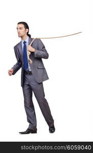 Businessman pulling rope on white