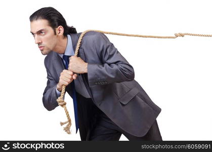 Businessman pulling rope on white