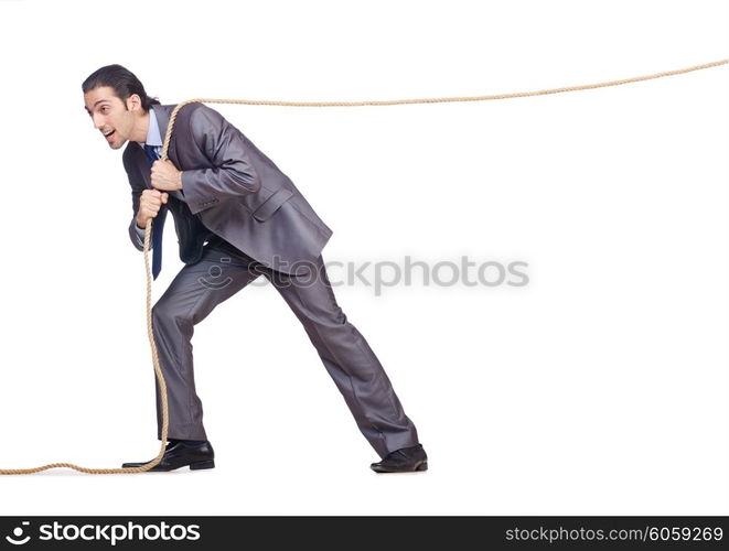 Businessman pulling rope on white