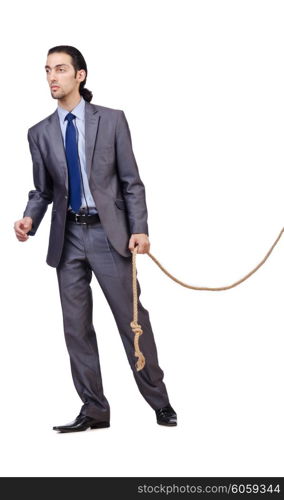 Businessman pulling rope on white