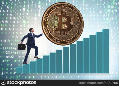 Businessman pushing bitcoin in cryptocurrency blockchain concept