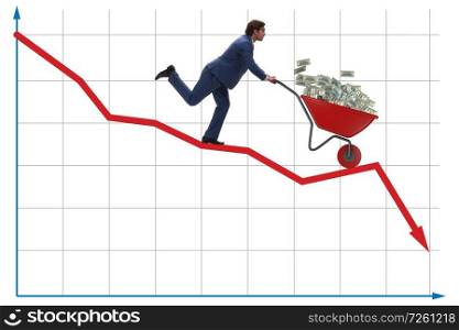 Businessman pushing money wheelbarrow down the chart. The businessman pushing money wheelbarrow down the chart