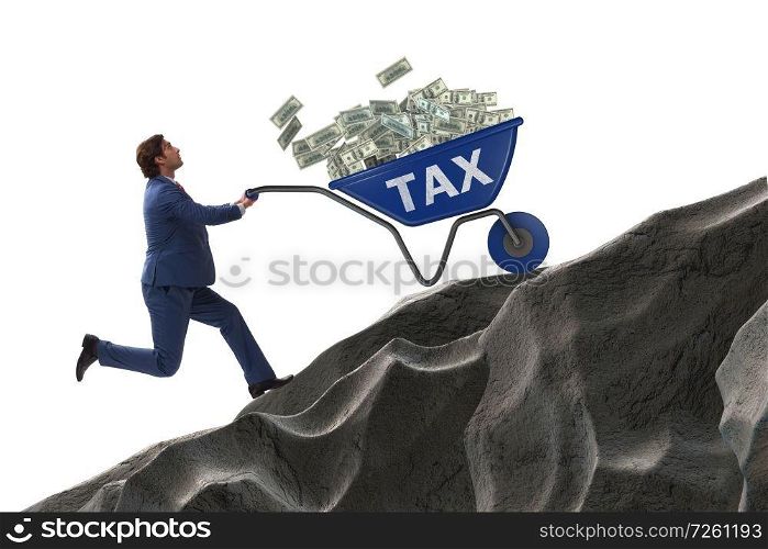 Businessman pushing tax wheelbarrow uphill. The businessman pushing tax wheelbarrow uphill