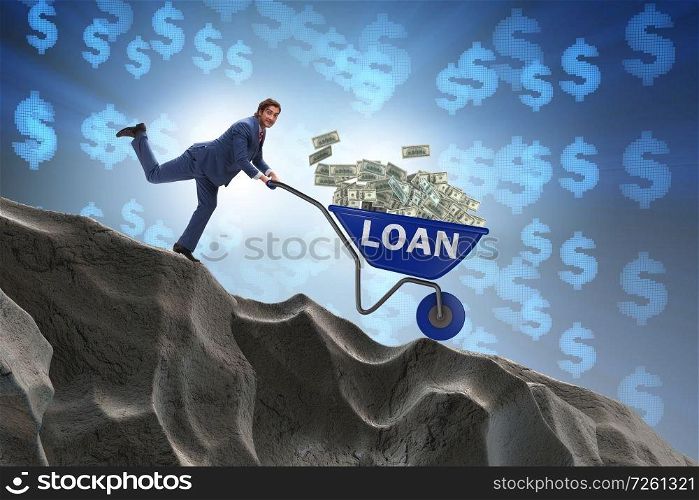 Businessman pushing wheelbarrow with dollars downhill