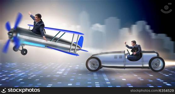 Businessman racing on car and airplane