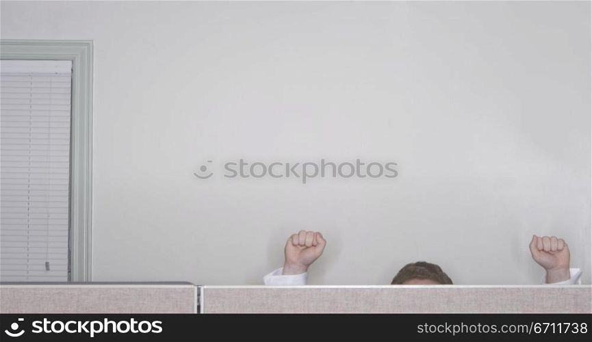 Businessman raises his arms in success in the office while working in his cubicle