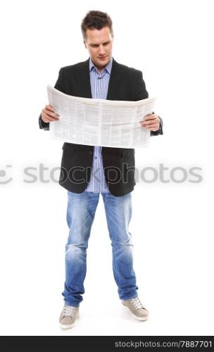 Businessman reading a newspaper full length isolated on white background