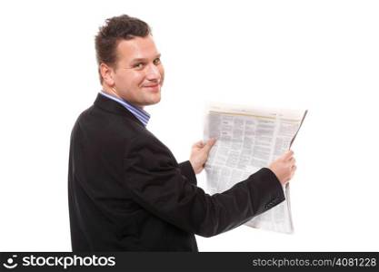 Businessman reading a newspaper isolated on white background