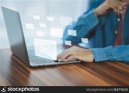Businessman reading newsletter email marketing concept, company sending many e-mails or digital newsletter to customers