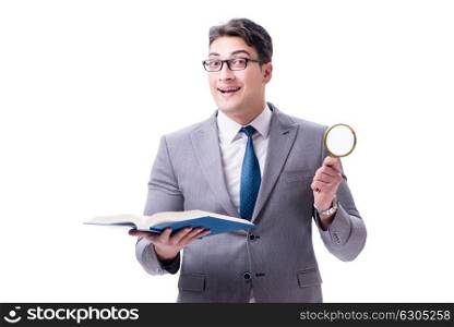 Businessman reading with magnifying glass isolated on white back. Businessman reading with magnifying glass isolated on white background