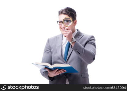 Businessman reading with magnifying glass isolated on white back. Businessman reading with magnifying glass isolated on white background