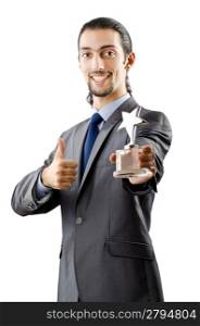 Businessman receiving star award on white