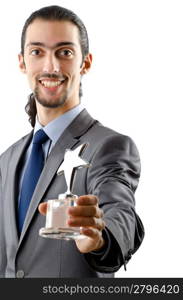 Businessman receiving star award on white