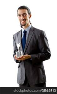 Businessman receiving star award on white