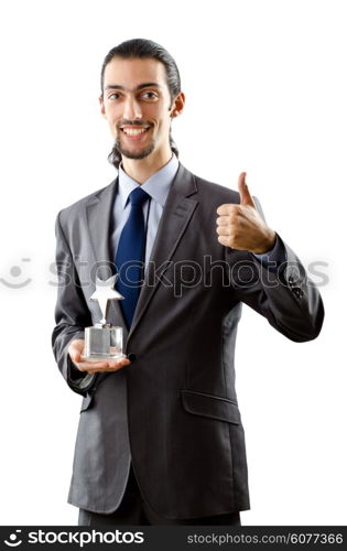 Businessman receiving star award on white