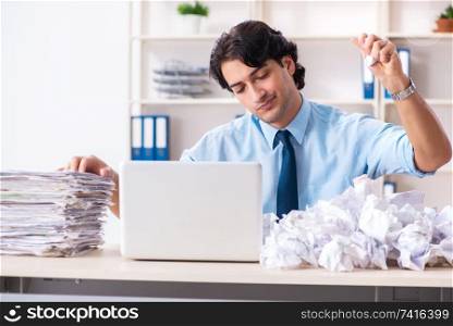 Businessman rejecting new ideas with lots of papers