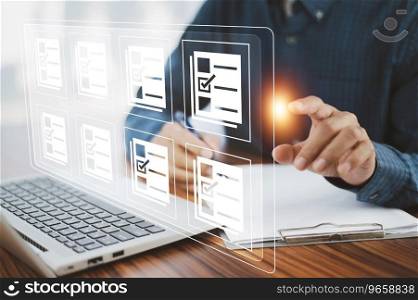 businessman reviews the steps using a virtual online document and paperwork.