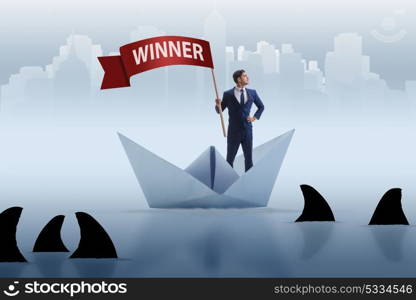 Businessman riding paper boat ship in winning concept