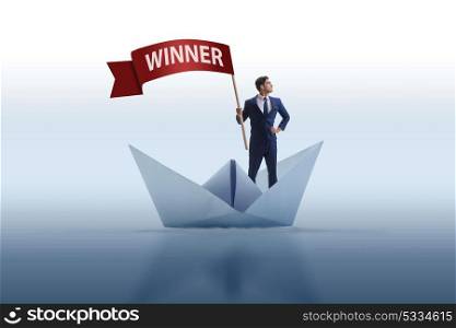 Businessman riding paper boat ship in winning concept