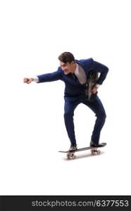 Businessman riding skateboard isolated on white background