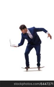 Businessman riding skateboard isolated on white background