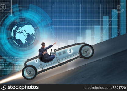 Businessman riding sports car against charts