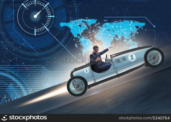 Businessman riding vintage roadster in motivation concept