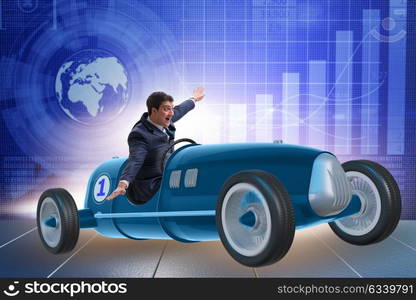 Businessman riding vintage roadster in motivation concept