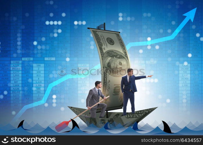 Businessman rowing on dollar boat in business financial concept